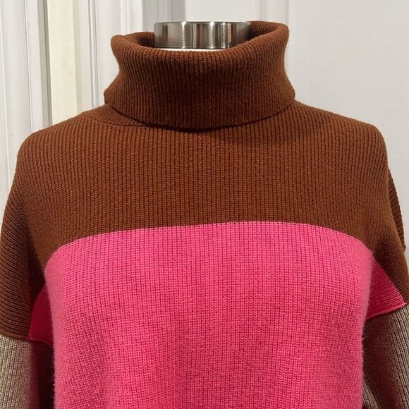 Free People Softly Structured Colorblock Turtleneck Sweater Pink Brown Oversized - Picture 3 of 16